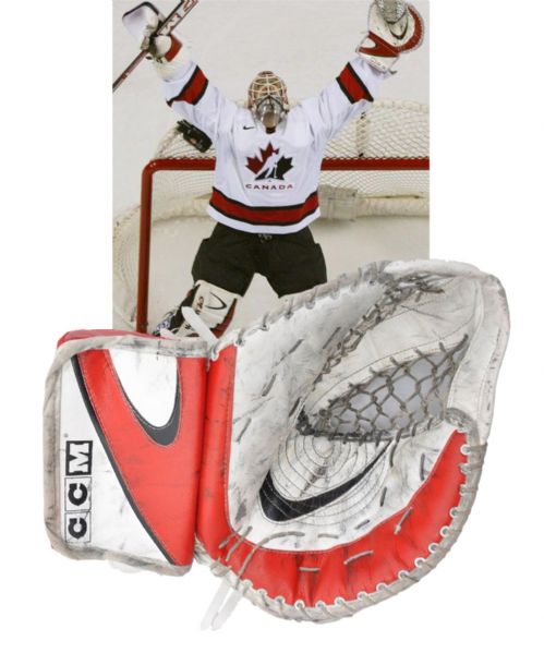 Martin Brodeurs 2001-02 New Jersey Devils / Team Canada 2002 Olympics Signed CCM Game-Worn Glove - Photo-Matched to Gold Medal Game!