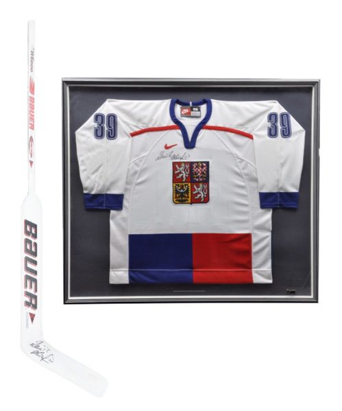 Dominik Hasek 1998 Olympics Czech National Team Signed Framed Jersey and Signed Bauer Game-Issued Stick