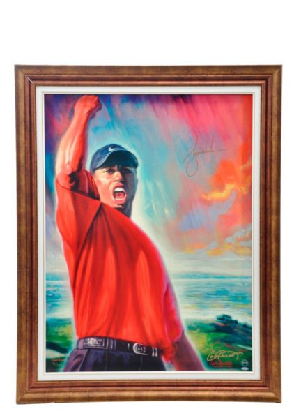 Tiger Woods Signed Limited-Edition Tiger Roars Framed Litho on Canvas #76/175 with UDA COA (38" x 48")