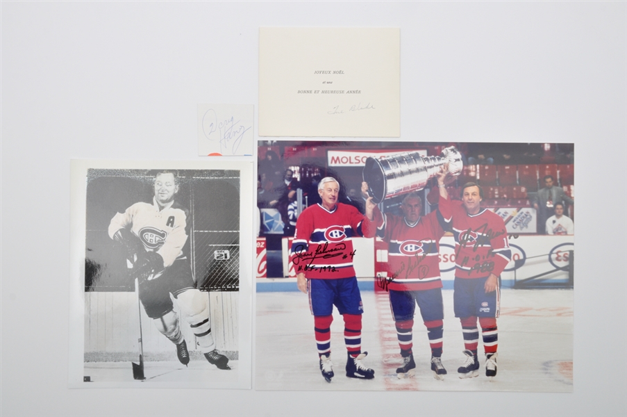 Montreal Canadiens Autograph Collection of 3 with Richard/Beliveau/Lafleur Triple-Signed Photo Plus Blake and Harvey Signatures