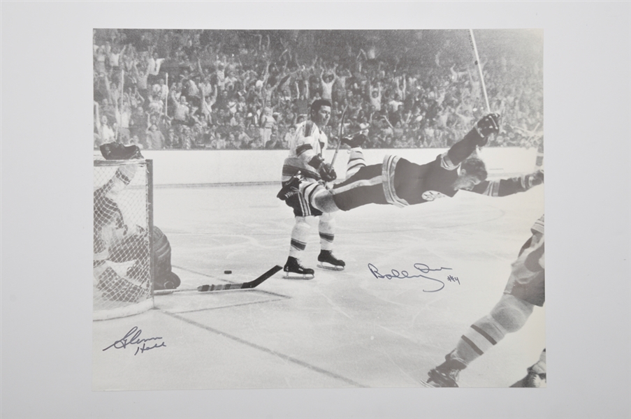 Bobby Orr and Glenn Hall Dual-Signed Vintage "The Goal" Photo (16" x 20") and Bill Mosienko Signed Photo