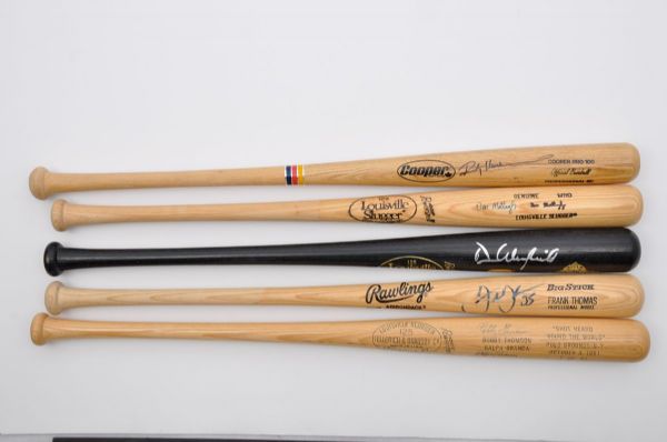 Collection of 5 Signed Baseball Bats with Henderson, Thomas and Mattingly with JSA COAs