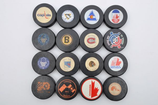Vintage NHL Game Puck and Souvenir Puck Collection of 29