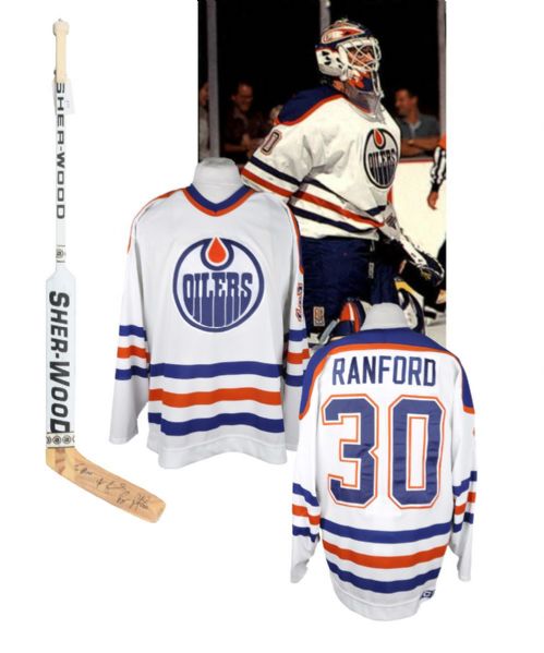 Bill Ranfords Mid-1990s Edmonton Oilers Game-Issued Jersey and Signed Sher-Wood Game-Issued Stick