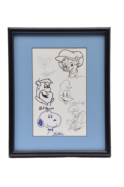 Cartoonists Signed Sketches Framed Display by 6 with Schulz, Lantz and Freleng with JSA LOA