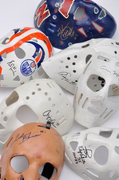 Don Scott Signed Replica Goalie Mask Collection of 7 with Fuhr, Bower, Resch and Esposito