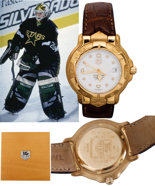 Ed Belfours 1998-99 Dallas Stars "500th Game" Tag Heuer 18K Gold Presentational Watch with His Signed LOA