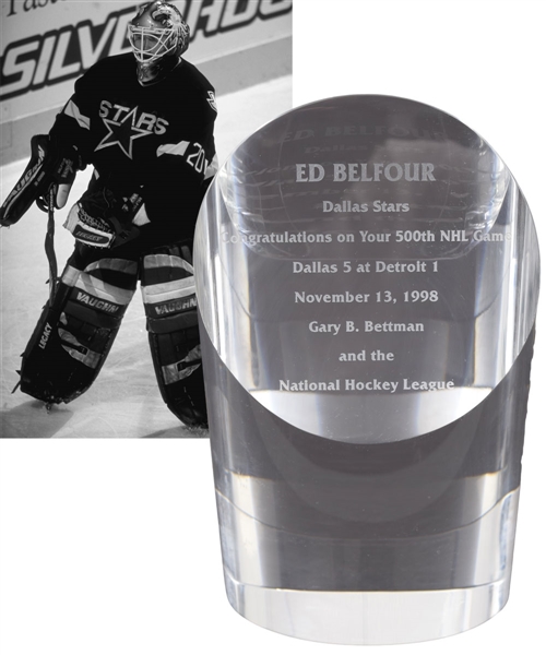 Ed Belfours 1998-99 Dallas Stars "500th NHL Game" National Hockey League Award made by Tiffany & Co (9")