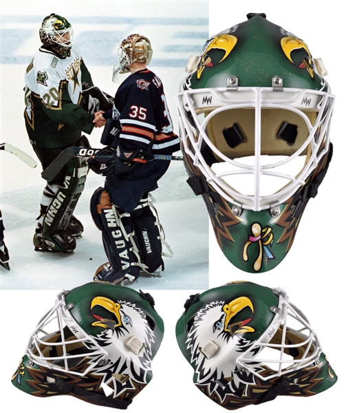 Ed Belfours 1999-2000 Dallas Stars Game-Worn Warwick Goalie Mask - Worn In Stanley Cup Playoffs and Finals! - Photo-Matched!