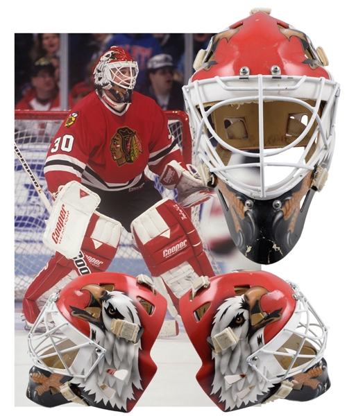 Ed Belfours 1992-94 Chicago Black Hawks Game-Worn Greg Harrison Goalie Mask - Photo-Matched!