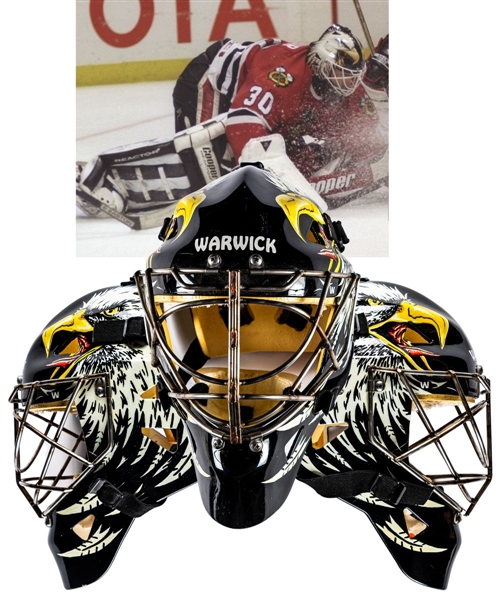 Ed Belfours Mid-1990s Chicago Black Hawks Worn Warwick Goalie Mask with His Signed LOA