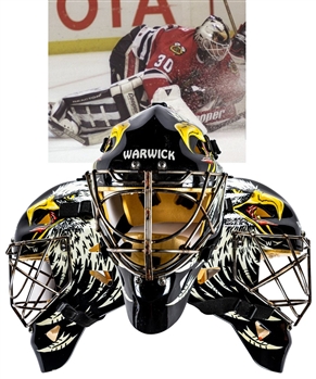 Ed Belfours Mid-1990s Chicago Black Hawks Worn Warwick Goalie Mask with His Signed LOA