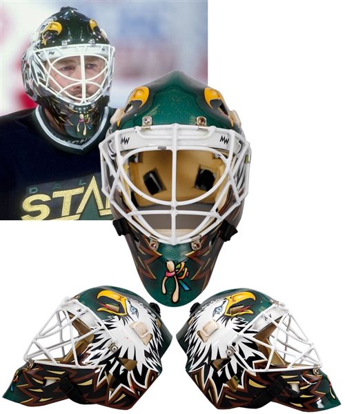 Ed Belfours 1997-99 Dallas Stars Game-Worn Warwick Goalie Mask with His Signed LOA - Photo-Matched to 1997-98 Regular Season and Playoffs and to 1998-99 Stanley Cup Playoffs and Finals!