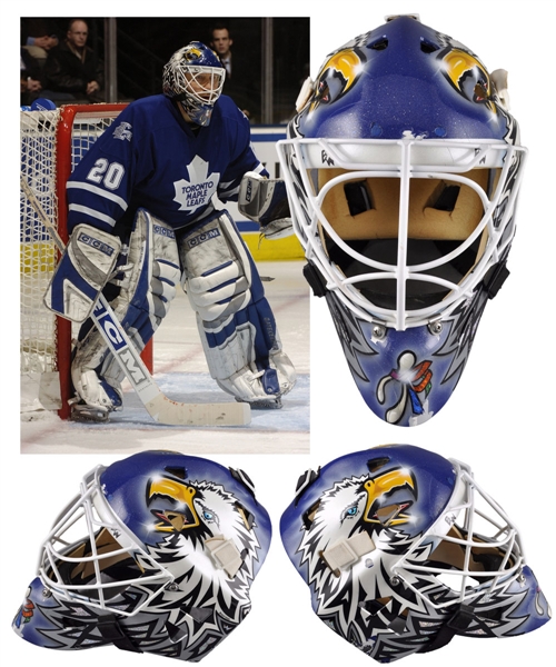 Ed Belfours 2005-06 Toronto Maple Leafs "448th Win" Game-Worn Warwick Goalie Mask - Photo-Matched! 
