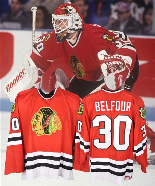 Ed Belfours 1993-94 Chicago Black Hawks Game-Worn Jersey - Team Repairs! - Photo-Matched!