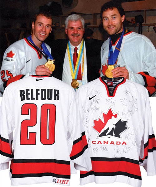 Ed Belfours 2002 Salt Lake City Winter Olympics Team Canada Game-Worn (Back-Up Goalie/Practice) Jersey Team-Signed by 24 with His Signed LOA