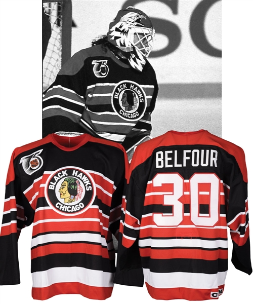 Ed Belfours 1991-92 Chicago Black Hawks "Turn Back the Clock" Game-Worn Jersey with 75th Patch