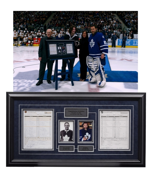Ed Belfours 2005-06 Toronto Maple Leafs "1st and 448th Wins" Game Sheets Presentational Framed Display (21 ½” x 40”)