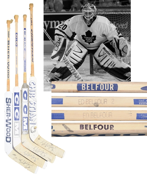 Ed Belfours 2002-06 Toronto Maple Leafs Signed Christian, Sher-Wood and CCM Game-Used Stick Collection of 4