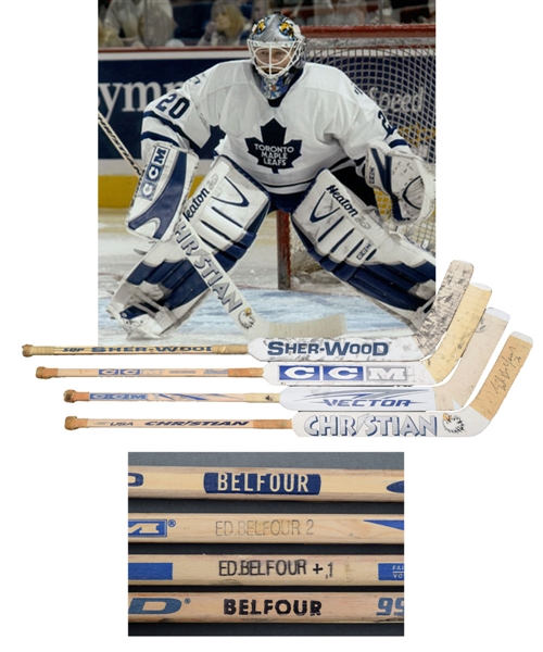 Ed Belfours 2002-06 Toronto Maple Leafs Christian, Sher-Wood and CCM Game-Used Stick Collection of 4