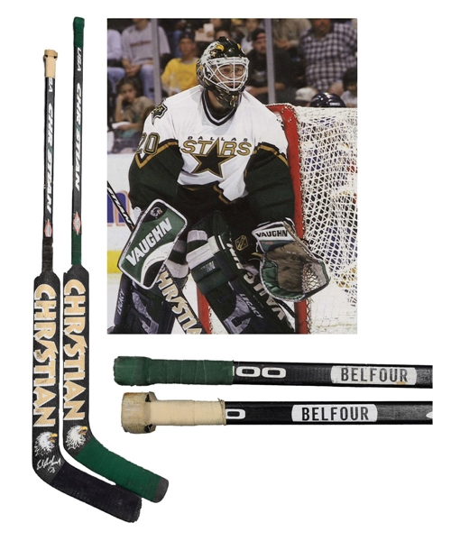 Ed Belfours Dallas Stars Christian Game-Used Stick Collection of 2