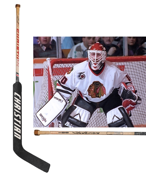 Ed Belfours 1991-92 Chicago Black Hawks Christian Game-Used Stick Used from Consecutive Shutout Games with His Signed LOA