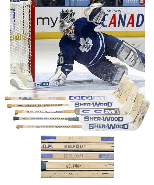 Ed Belfours 2002-06 Toronto Maple Leafs Signed Sher-Wood and CCM Game-Used Stick Collection of 5