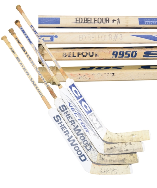 Ed Belfours 2002-06 Toronto Maple Leafs Sher-Wood and CCM Game-Used Stick Collection of 4