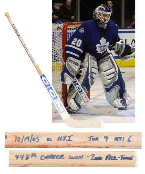Ed Belfours 2005-06 Toronto Maple Leafs "448th Win" CCM Game-Used Stick - Photo-Matched!