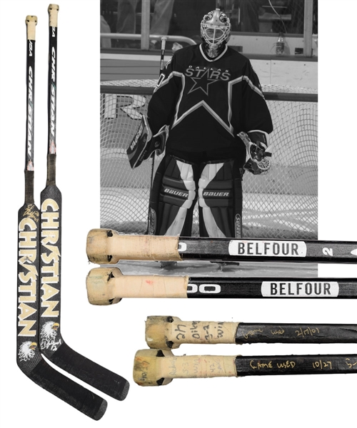 Ed Belfours Feb. 7th 2001 and Oct. 26th 2001 Dallas Stars Signed Christian Game-Used Sticks - Both Wins!