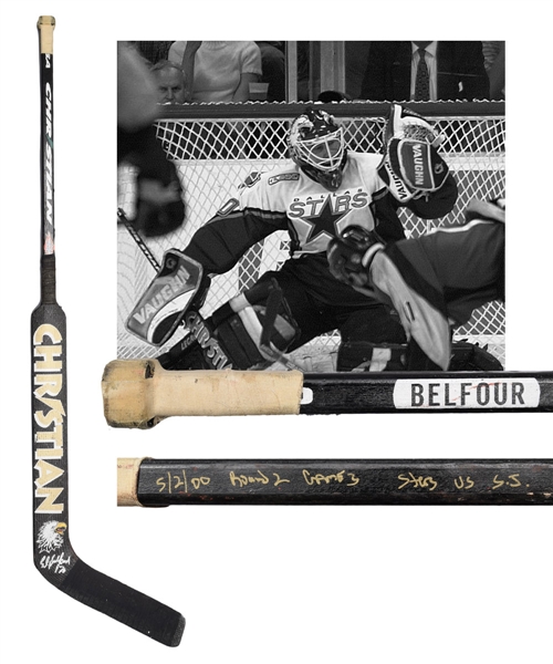 Ed Belfours May 2nd 2000 Dallas Stars Signed Game-Used Christian Playoffs Stick from Western Conference Semifinals Game #3