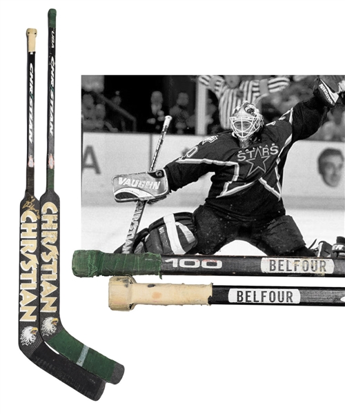 Ed Belfours Dallas Stars Christian Game-Used Stick Collection of 2