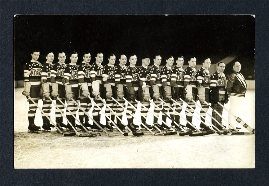 New York Americans 1935-36 Real Photo Team Postcard with HOFers Worters, Schriner, Stewart, Oliver, Dutton and Voss
