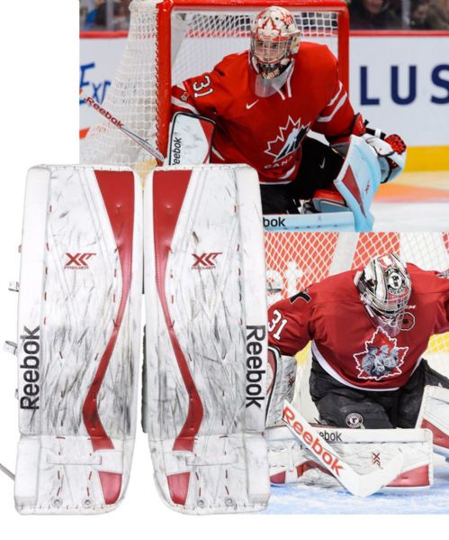Zachary Fucales 2015 World Junior Championships Team Canada Reebok Game-Worn Goalie Pads - Photo-Matched!
