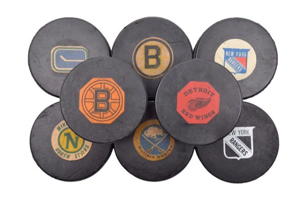 Converse, Viceroy and Others NHL Game Puck Collection of 14 with 1967-68 "Original Six" Bruins