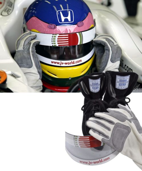 Jacques Villeneuve’s 2002 F1 Lucky Strike BAR Honda Race-Worn Boots, Gloves and Visor