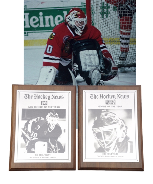 Ed Belfours 1990-91 The Hockey News "NHL Rookie of the Year" and "Goalie of the Year" Awards