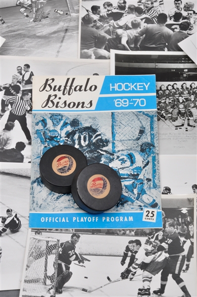 1960s AHL Buffalo Bisons Memorabilia Collection of 12 with Game Pucks and Photos