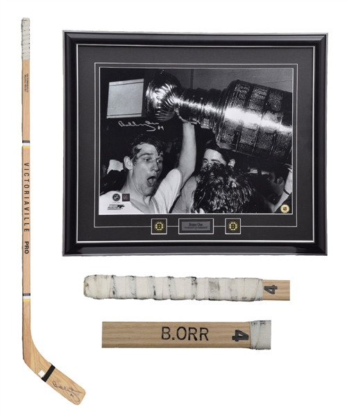 Bobby Orr Signed Boston Bruins "1970 Stanley Cup Celebration" Framed Photo (23" x 27") and Victoriaville Replica Stick