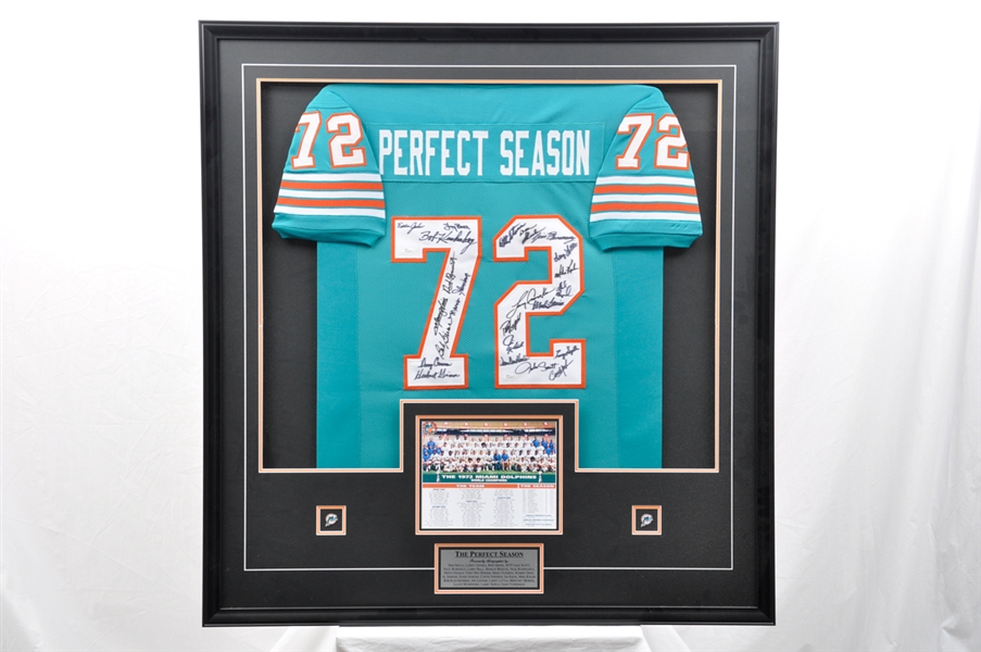Miami Dolphins 1972 Super Bowl Champions "Perfect Season" Team-Signed Jersey Framed Display - JSA Authenticated (43” x 41”)