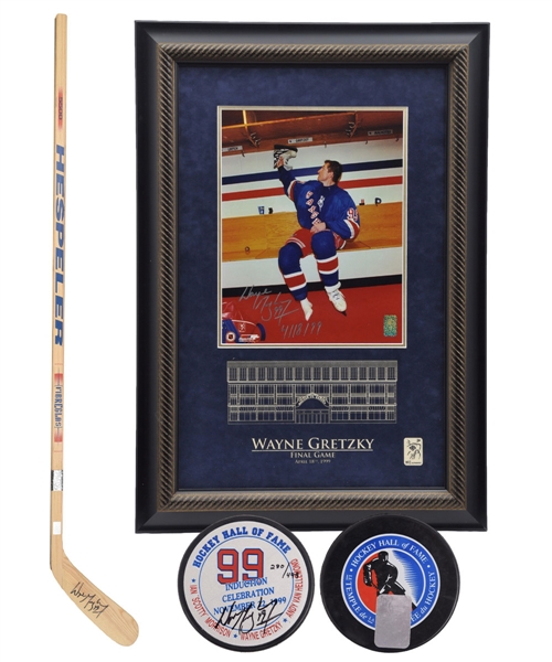 Wayne Gretzky Signed 1999 New York Rangers Framed Photo, Stick Plus 1999 HHOF Induction Puck with WGA COAs