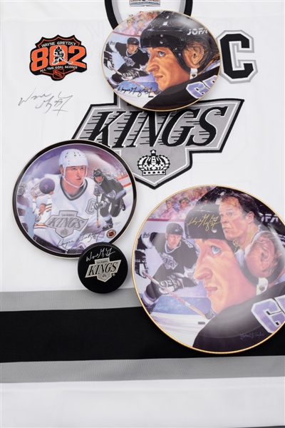 Wayne Gretzky Signed Los Angeles Kings "802 Goals" Limited-Edition Jersey #459/1000 and Kings Puck Both from UDA Plus 1851 Gretzky/Howe Dual-Signed Gartlan Plate