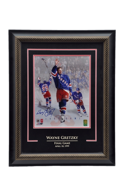 Wayne Gretzky Signed 1998-99 New York Rangers Framed Photos (2) with WGA COAs and Rangers Signed Puck from UDA