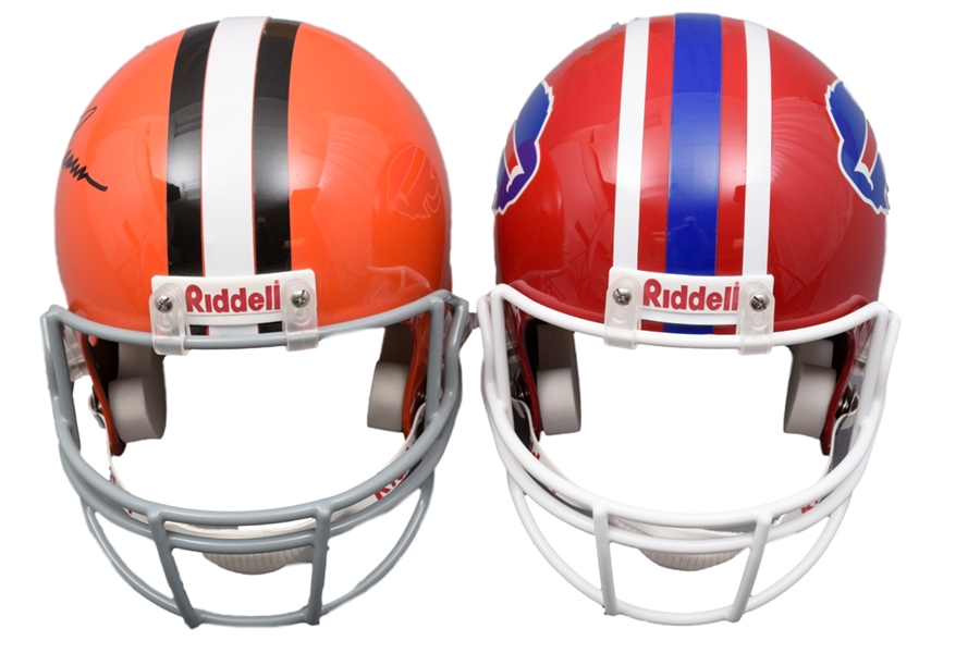 HOFers Jim Brown Cleveland Browns and Thurman Thomas Buffalo Bills Signed Full-Size Riddell Helmets with JSA COAs