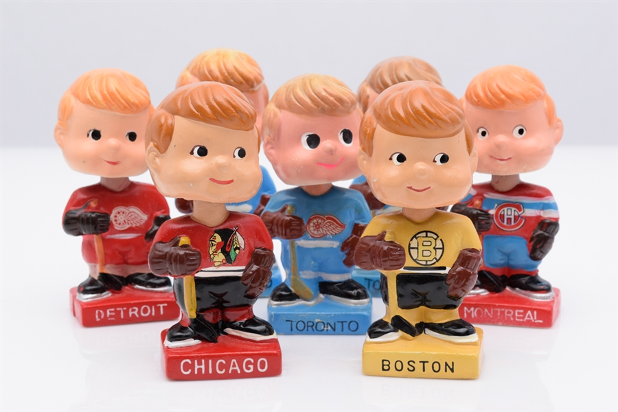 1961-63 NHL "Original Six" Teams Mini Nodder / Bobble Head Doll Collection of 7 with Leafs Variation