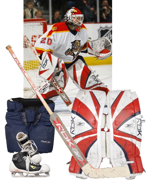 Ed Belfours 2006-07 Florida Panthers Photo-Matched Reebok Goalie Pads Plus Game-Used Stick, Skates and Pants - His Last NHL Pads! Worn for Win 484!