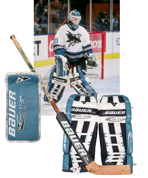 Ed Belfours 1996-97 San Jose Sharks Game-Issued Bauer Goalie Pads Plus Game-Used Stick and Game-Worn Photo-Matched Blocker