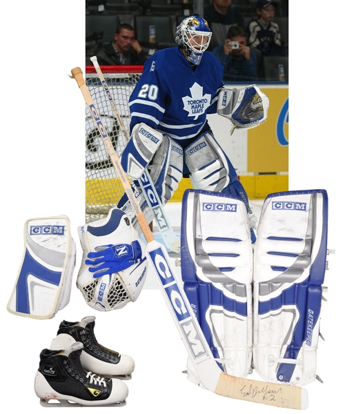 Ed Belfours 2005-06 Toronto Maple Leafs Game-Worn CCM Goalies Pads, Glove and Blocker Plus Skates and CCM Signed Game-Used Stick