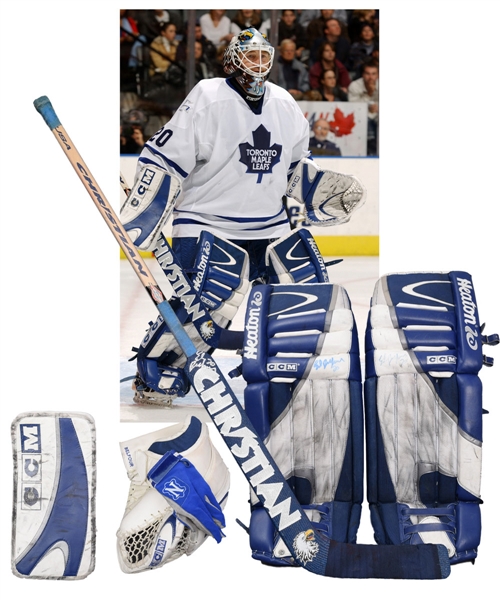Ed Belfours 2002-03 Toronto Maple Leafs Photo-Matched Game-Worn CCM Goalie Pads, Glove and Blocker Plus Game-Used Stick, Skates and Pants