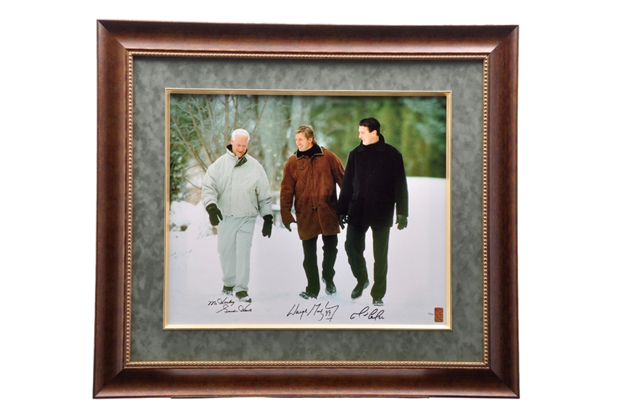 Wayne Gretzky, Gordie Howe and Mario Lemieux Triple-Signed "Pond of Dreams" Limited-Edition Framed Print on Canvas #5/199 with WGA COA (32" x 36")